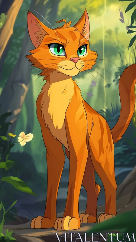 Confident orange cartoon cat standing in bright forest scene.