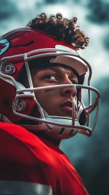 Portrait of football quarterback in red helmet under dramatic sky