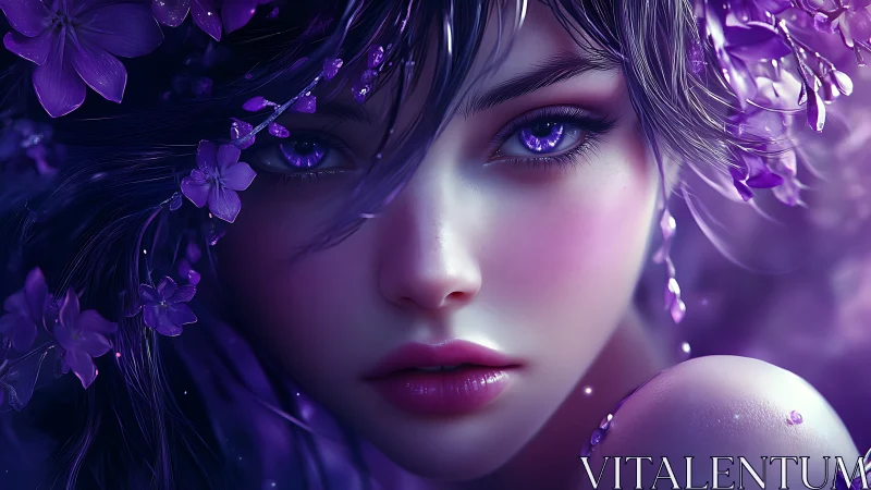 Violet-eyed moon nymph wrapped in midnight blossoms.