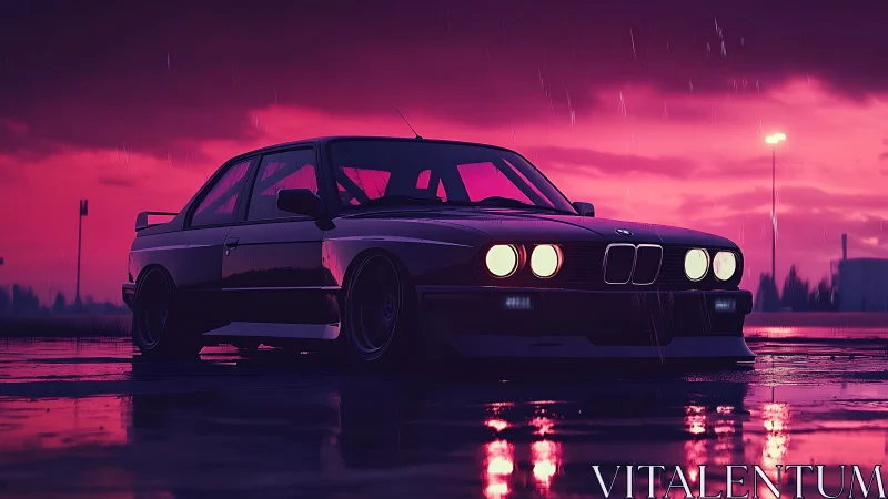 Retro coupe under neon rain on reflective parking lot.