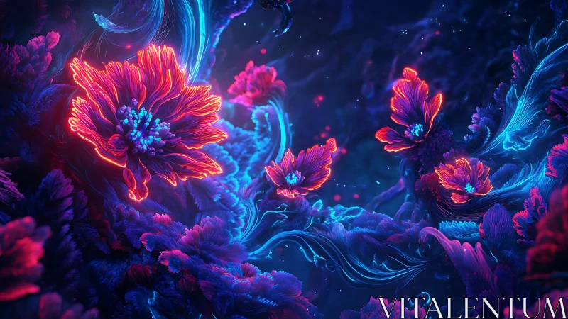 Neon bioluminescent flowers in abstract underwater field.