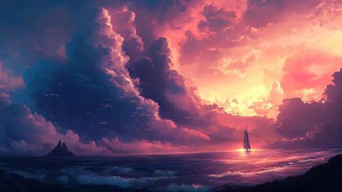 Sailboat on open sea beneath dense sunset cloud formations.