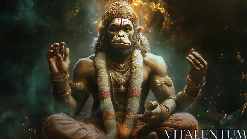 Divine simian sage glows within a vortex of molten starlight