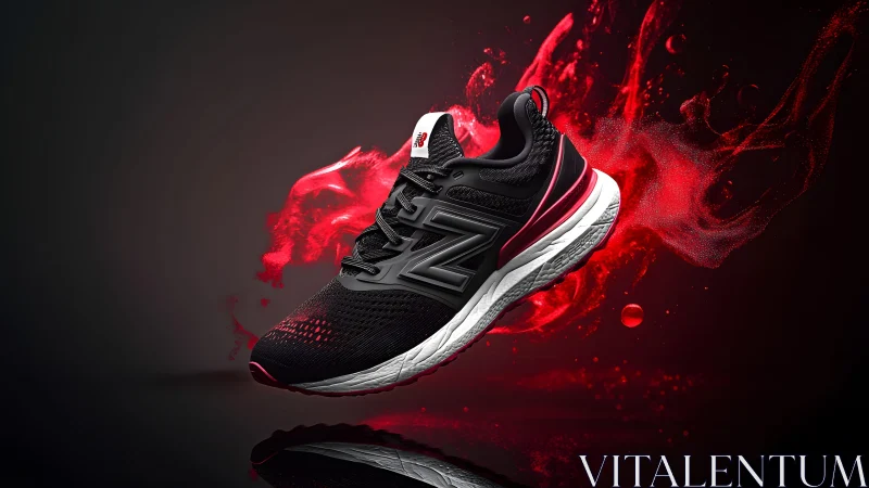 Sleek black running shoe with red accents in dynamic digital art.