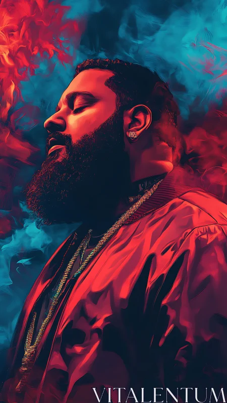 Chromatic vapor portrait with high-contrast volumetric lighting.