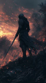Armored warrior silhouette surveys burning battlefield in dusk light