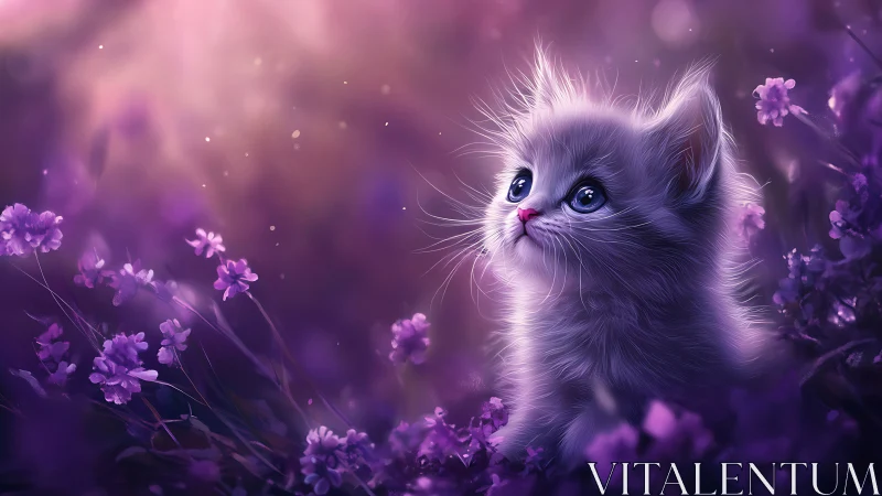 Ethereal Purple Kitten Surrounded by Lavender Blooms