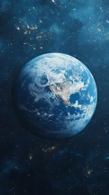 Planet Earth rendered in deep space with star field background.