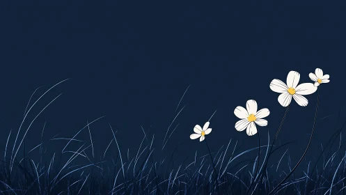 White Flowers Against Dark Blue Meadow.