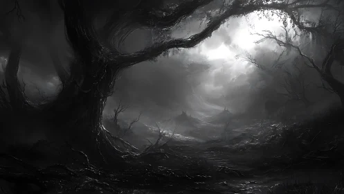 Moonlit path through a hauntingly beautiful shadowed forest.