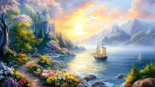Luminous coastal fantasy landscape with floral cliffside path.