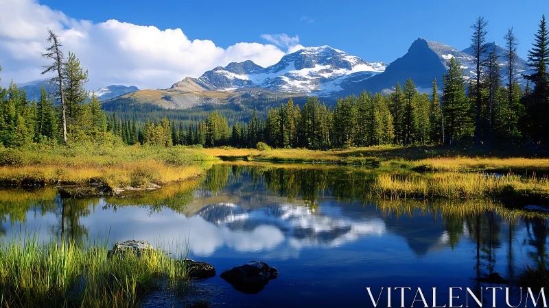 Mountain lake reflects conifer forest and distant snow peaks