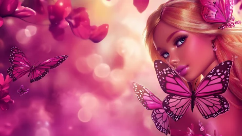 Pink fantasy woman with butterflies in glowing floral scene.