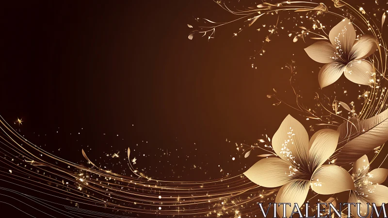 Golden Floral Composition with Luminous Particle Effects and Flowing Curved Geometry
