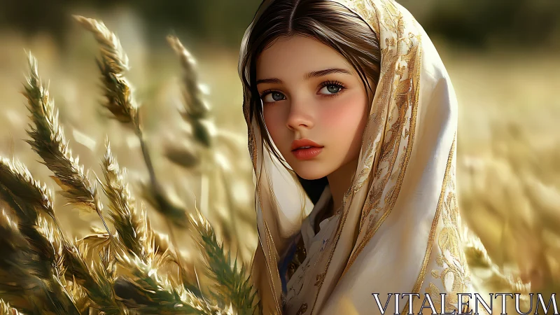 Digital portrait girl in golden wheat field with veil.