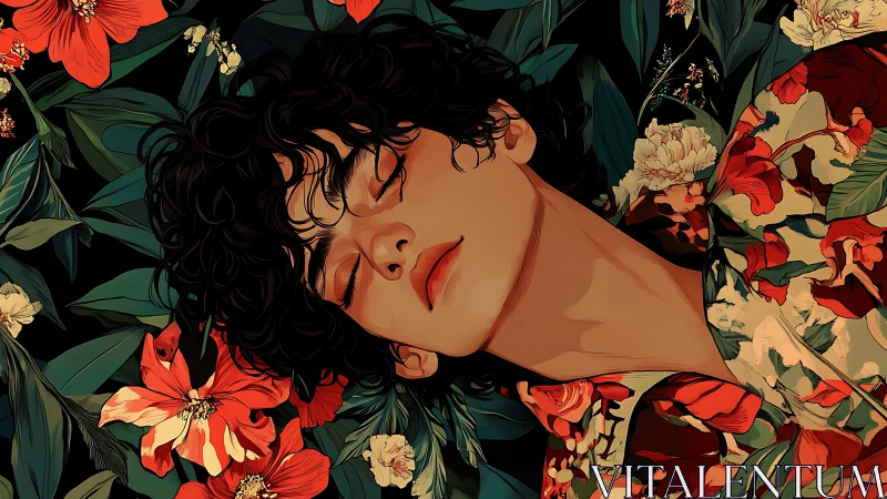 Sleeping youth framed by lush red floral foliage.