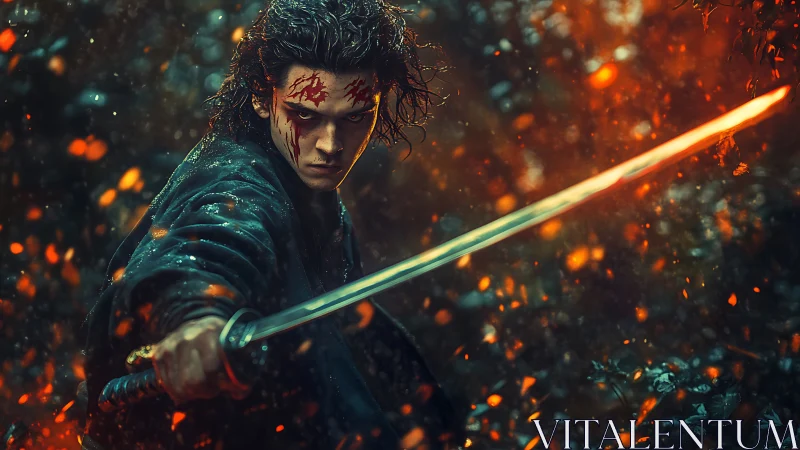 Bloodmarked warrior with glowing katana amid sparks.