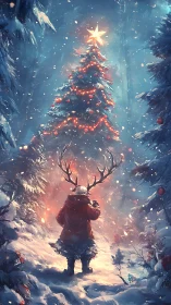 Child in red coat gazes at glowing star-topped forest tree