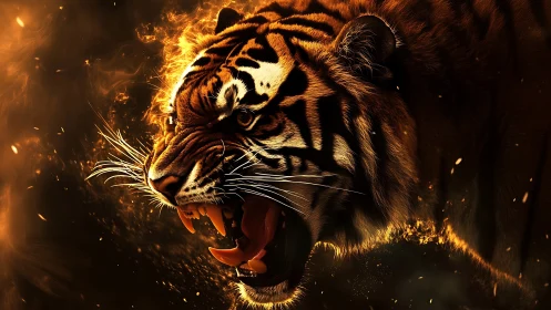 Tiger head roars in close-up with glowing embers around it
