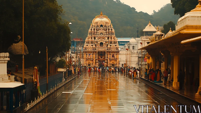 Symmetric wet-temple corridor with ornate gopuram focus.