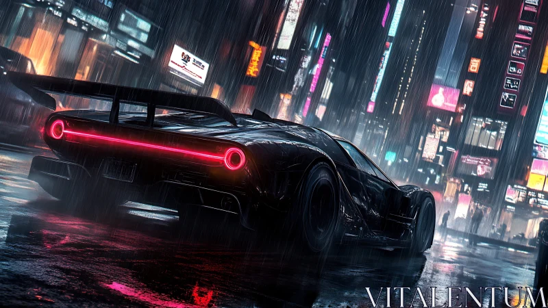 Sleek sports car under neon lights in rainy city street.