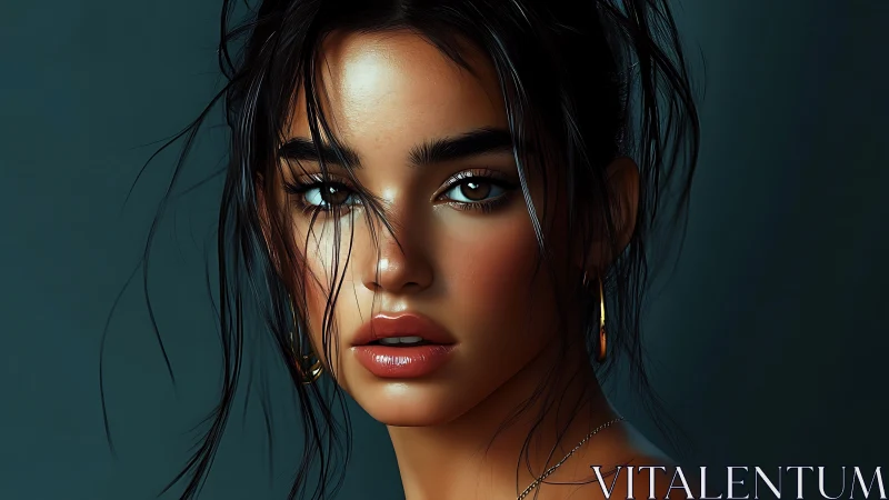 Stormlit gaze of a digital muse in teal-blue silence.