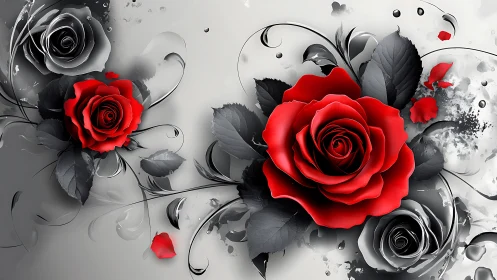 Crimson Blooms Dance Through Monochrome Dreams