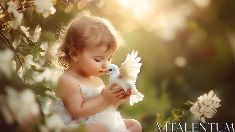 Digitally rendered toddler interacting with white dove in luminous garden environment with warm boke
