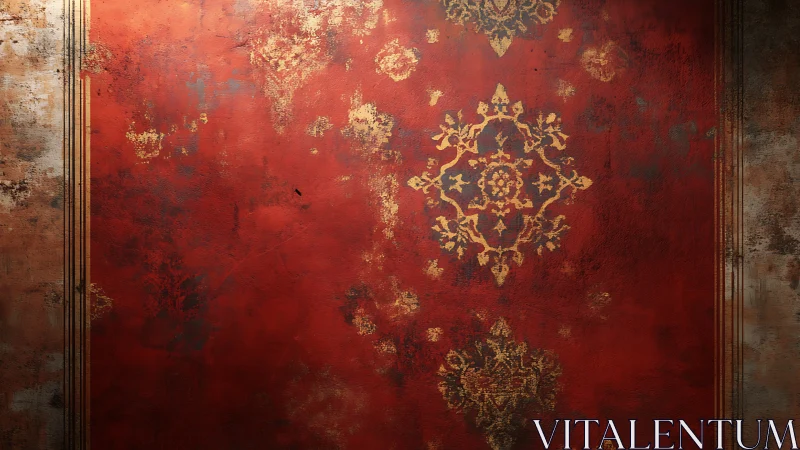 Weathered red wall with golden vintage patterns and charm.