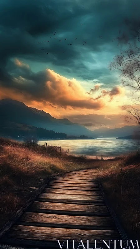 Sunset boardwalk curves toward a tranquil mountain lake.