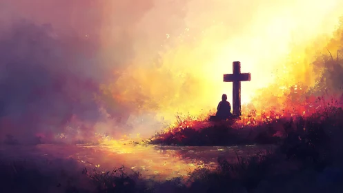Solitary figure in prayer beside cross at radiant riverside.