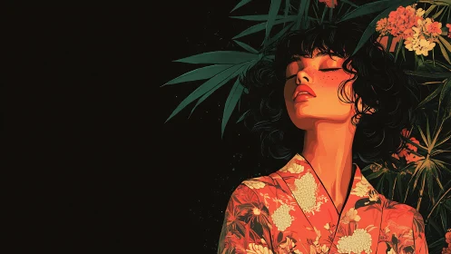 Chromatic portrait of serene woman amid stylized tropical botanics.