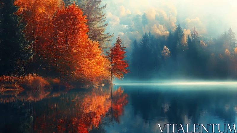 Autumn forest and misty lake with vivid reflections.