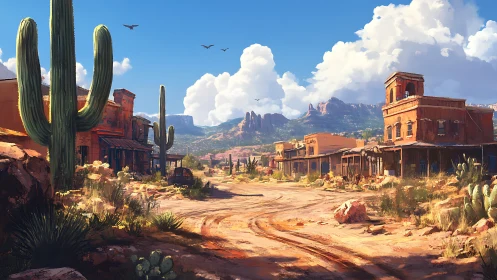 Desert frontier town street with cacti and distant mesas.