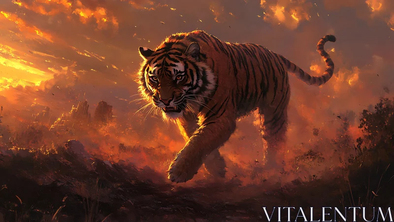 Fierce sunset tiger walking through glowing wild embers.