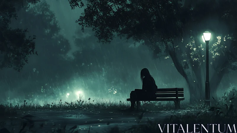 Lonely figure on park bench in rainy night scene
