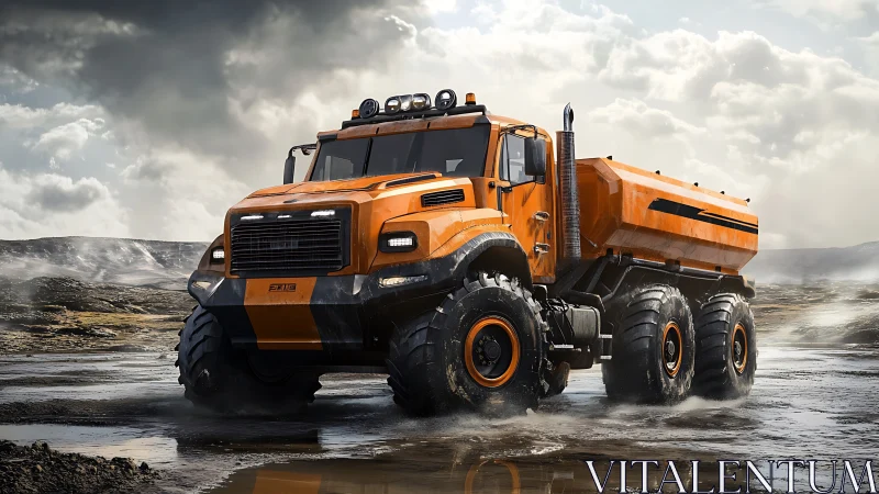 Armored orange 6x6 off-road tanker truck dominates wet terrain