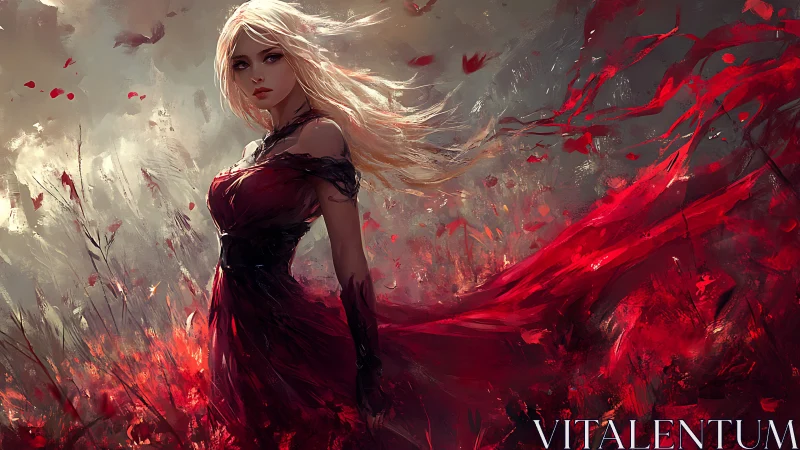 Blonde warrior woman in red flowing gown amid crimson storm