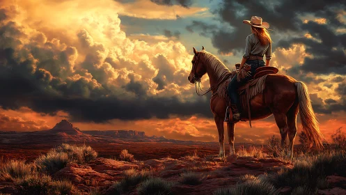 Cowgirl on sorrel horse under convective desert sky at dusk.