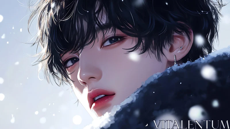 Snowlit gaze of a quiet dreamer in soft winter light.