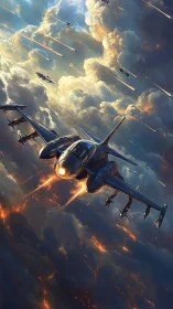 Futuristic strike fighter dives through incendiary storm clouds