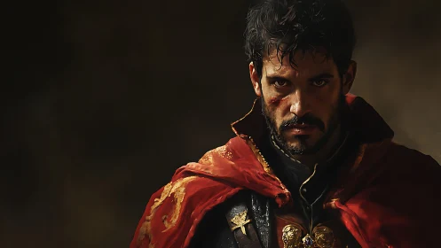 Battle-worn medieval commander in red cloak, chiaroscuro portrait