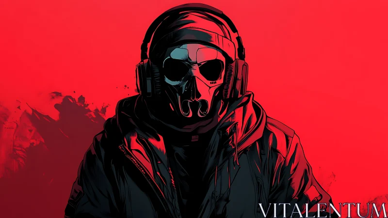 Hooded figure in skull mask and headset on red field.