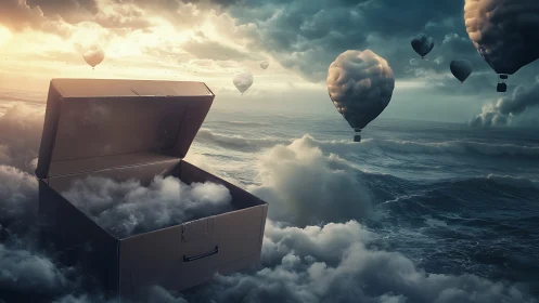 Cardboard box over stormy sea with brain hot air balloons