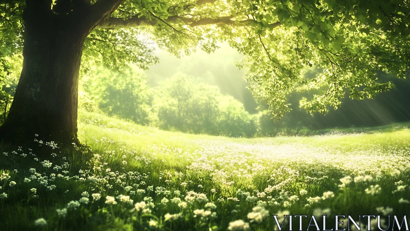 Sunlit meadow under large tree with dense green foliage.