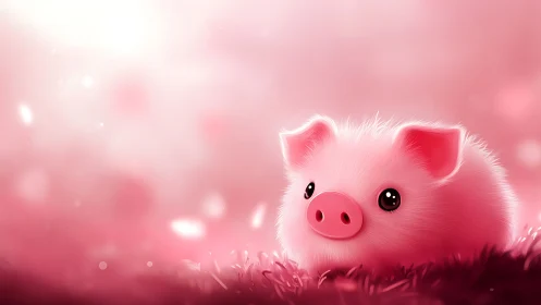 Fluffy pink piglet rests on glowing soft-focus meadow