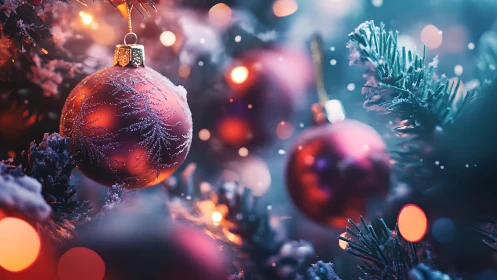Macro view of illuminated red Christmas bauble on frosted fir
