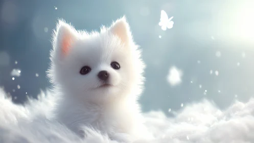 Fluffy white puppy in glowing dreamy soft light portrait.