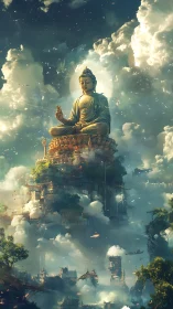 Celestial Buddha Monument Rising Above Neo-Vertical Cloudscape.