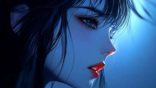 Moonlit siren in electric blue with ember-bright lips poised.